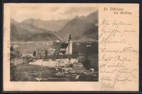 AK Golling an der Salzach, St. Nikolaus bei Golling, Panorama mit den Bergen