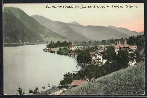 AK Zell am See, Tummersbach, Seeufer gegen Berglandschaft