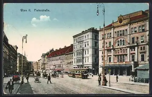 AK Wien II, Strassenbahn in der Praterstrasse, Leute, Geschäfte