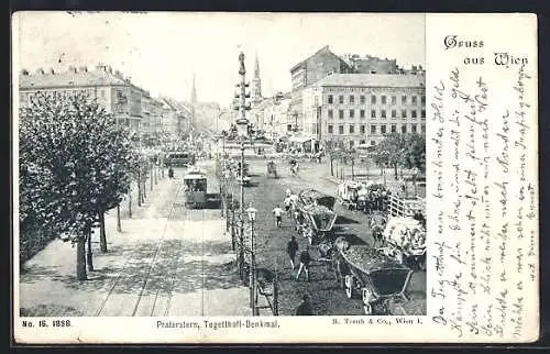 AK Wien, Praterstern, Strassenpartie mit Tegetthoff-Denkmal, Strassenbahnen, Pferdewagen