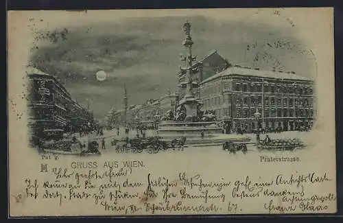 Mondschein-AK Wien, Praterstrasse mit Tegetthoff-Denkmal im Winter