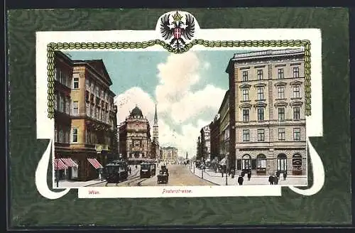 AK Wien, Praterstrasse mit Geschäften, Strassenbahn und Wappen