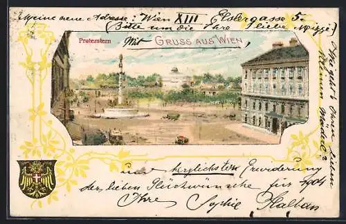 Lithographie Wien, Praterstern, Panorama aus der Vogelschau, Wappen, Ornamente