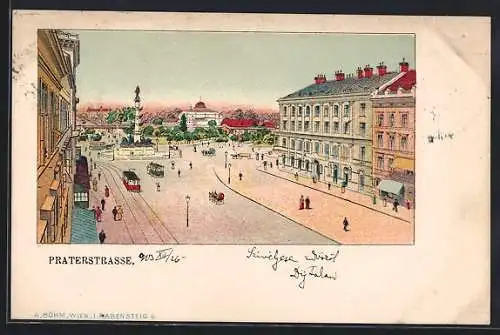 Lithographie Wien, Praterstrasse mit Tegetthoff-Denkmal aus der Vogelschau