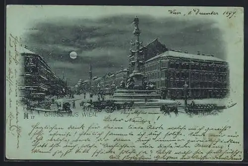 Mondschein-AK Wien, Tegetthoff-Denkmal, Panorama im Winter