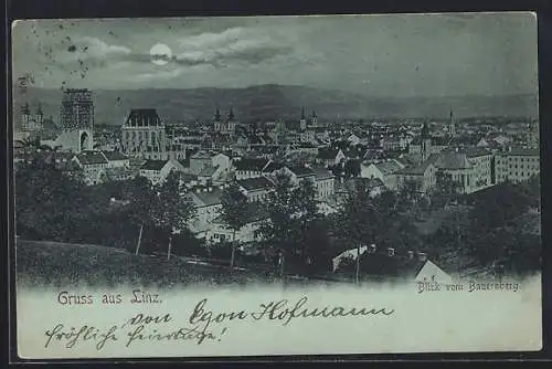 Mondschein-AK Linz, Blick vom Bauernberg auf die Stadt