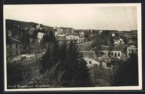 AK Sauerbrunn /Burgenland, Teilansicht mit Bahnstrecke aus der Vogelschau