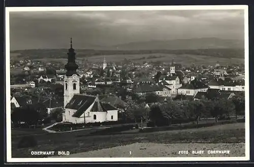 AK Oberwart, Ortsansicht mit Kirchen und Bergpanorama