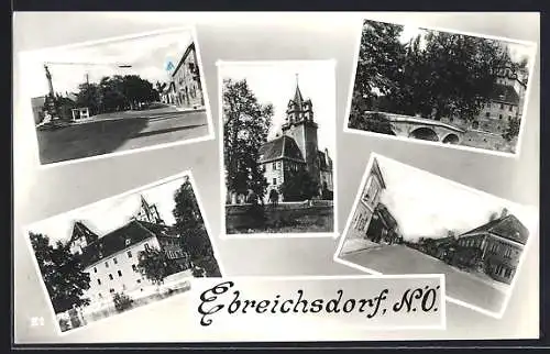 AK Ebreichsdorf /N. Ö., Strassenpartie, Brücke, Säulendenkmal mit Strasse, Schloss