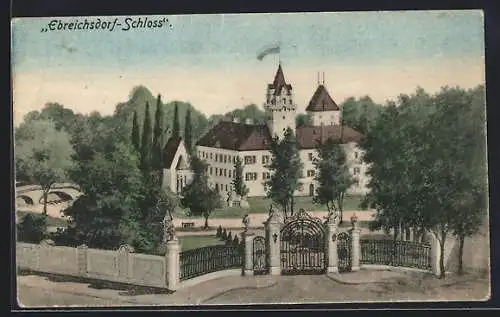 Künstler-AK Ebreichsdorf /N. Ö., Schloss mit Eingangstor u. Brücke aus der Vogelschau