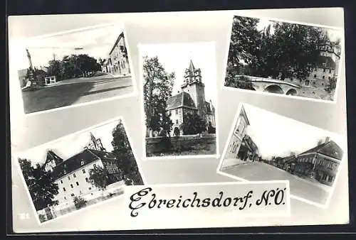 AK Ebreichsdorf /N. Ö., Strassenpartie mit Säulendenkmal, Schloss, Brückenpartie