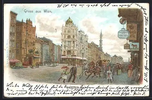 Lithographie Wien, Praterstrasse mit Tabakladen