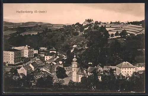 AK Helfenberg, Teilansicht des Ortes mit Kirche und Feldern