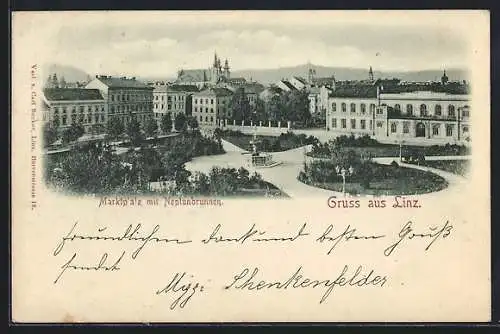 AK Linz, Marktplatz mit Neptunbrunnen