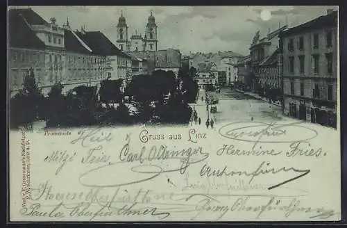 Mondschein-AK Linz, Strassenpartie mit Kirche