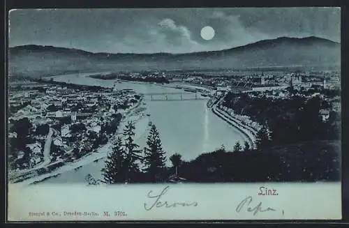 Mondschein-AK Linz, Teilansicht mit Brücke