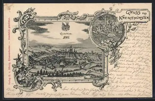 Lithographie Kremsmünster, Panorama 1643, schöner Rahmen