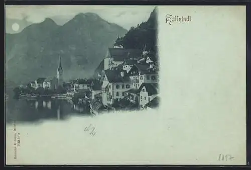 Mondschein-AK Hallstatt, Teilansicht mit Kirche