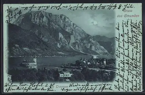 Mondschein-AK Gmunden, Traunsee mit Schloss