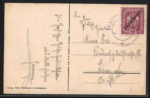 AK Mattighofen /Ob.-Oest., Teichpartie mit Kirche