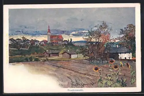 Künstler-AK Frankenmarkt, Feld mit Sonnenblumen und Kirche