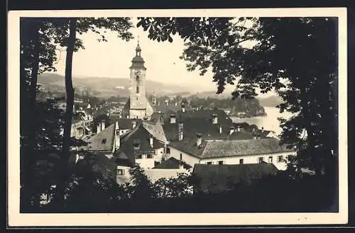 AK Grein a. D., Ortspartie mit Kirche vom Schlosspark aus