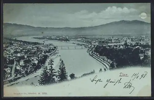 Mondschein-AK Linz, Ortsansicht bei Nacht
