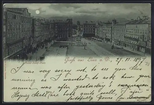 Mondschein-AK Linz a. D., Franz Josef-Platz bei Nacht