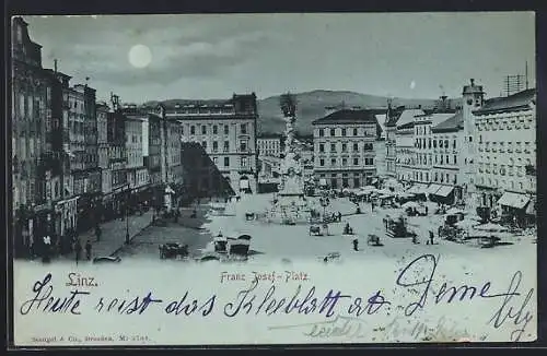 Mondschein-AK Linz, Franz Josef-Platz bei Nacht