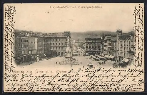 AK Linz a. d. Donau, Franz-Josef-Platz mit Dreifaltigkeits-Säule