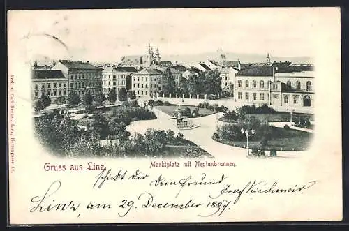 AK Linz, Marktplatz mit Neptunbrunnen