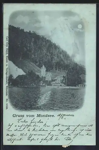 Mondschein-AK Mondsee, Ort vom See betrachtet mit Blomberg