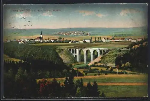 Künstler-AK Frankenberg i. S., Ortsansicht mit Lützeltal-Viadukt