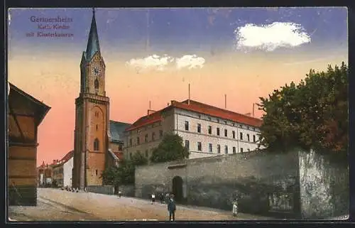 AK Germersheim, Strassenansicht mit kath. Kirche und Klosterkaserne