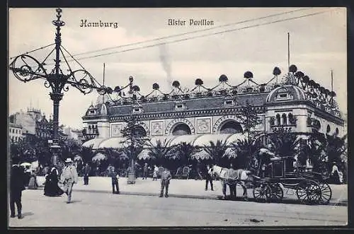 AK Hamburg-Neustadt, Alster-Pavillon mit Vorplatz, Kutsche