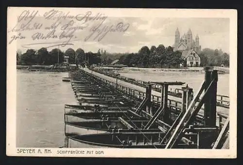 AK Speyer a. Rh., Schiffbrücke mit Dom