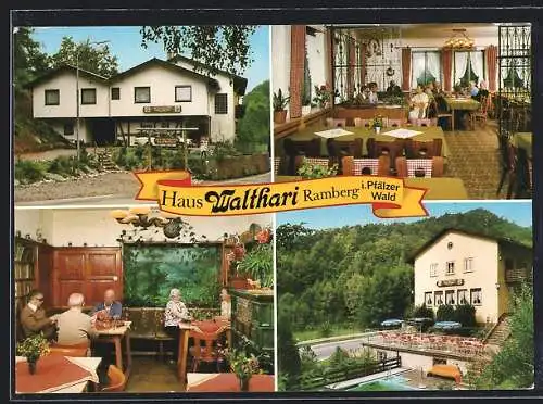 AK Ramberg / Pfalz, Gasthaus Walthari, Bes. Fam. Engel, Schwimmbecken und Innenraum