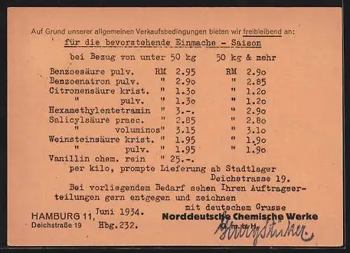 AK Alt-Hamburg, Norddeutsche Chemische Werke GmbH, Deichstrasse 19, Geschäftliche Karte