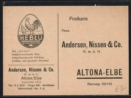 AK Hamburg-Altona, Firma Andersen, Nissen & Co. GmbH, Heblu Geflügelmischfutter, Rainweg 103, Geschäftliche Karte