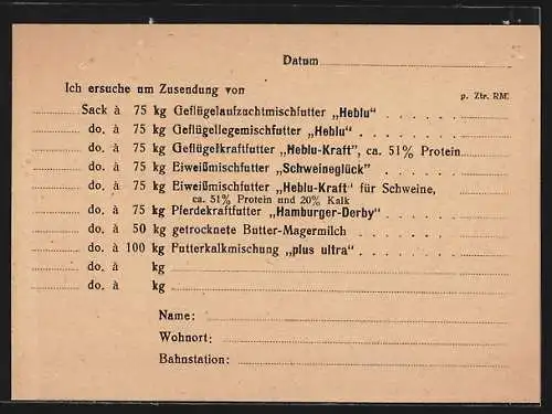 AK Hamburg-Altona, Firma Andersen, Nissen & Co. GmbH, Heblu Geflügelmischfutter, Rainweg 103, Geschäftliche Karte