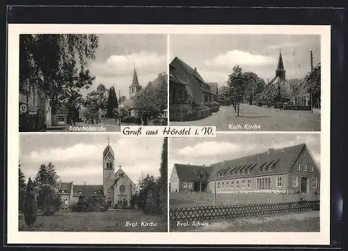 AK Hörstel i. W., Bahnhofstrasse, Kath. Kirche und Evgl. Schule