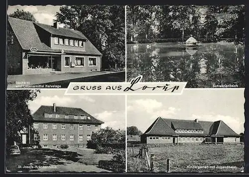 AK Lorup /Hümmling, Bäckerei Kalvelage, St. Josefs-Krankenhaus und Schwanenteich