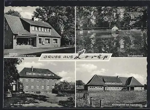 AK Lorup /Hümmling, Bäckerei Kalvelage, Schwanenteich und St. Josefs-Krankenhaus