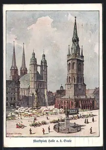 Künstler-AK Halle a. d. Saale, Blick über den Marktplatz