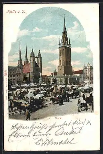 AK Halle a. Saale, Kutschen auf dem Marktplatz, Roter Turm und Wochenmarkt