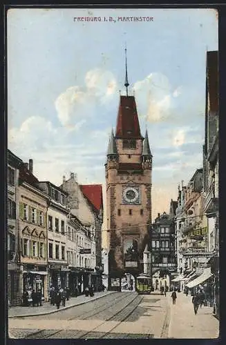 AK Freiburg i. B., Strassenbahn und Martinstor