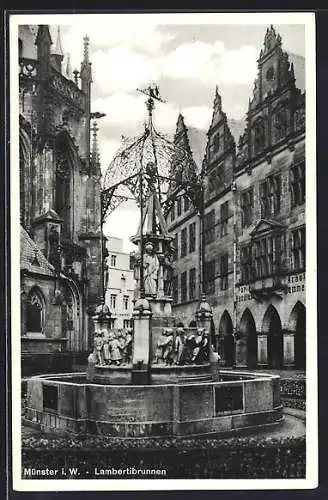 AK Münster i. W., Lambertibrunnen vor der Kirche