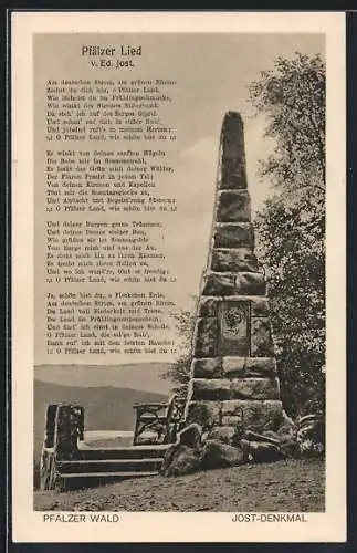 AK Denkmal des pfälzischen Dichters Eduard Jost bei der Limburg, Text zum Pfälzer Lied