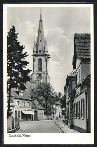 AK Viernheim /Hessen, Ortspartie mit Blick zur Kirche