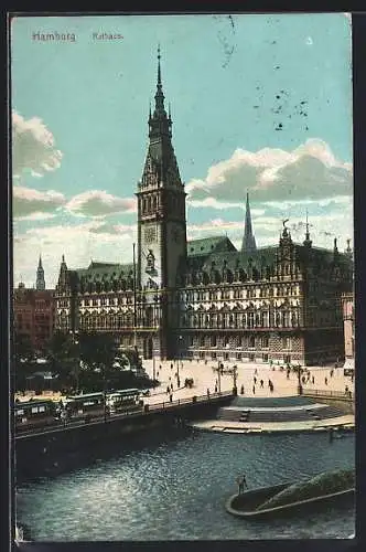 AK Hamburg, Rathaus, Brücke mit Strassenbahn